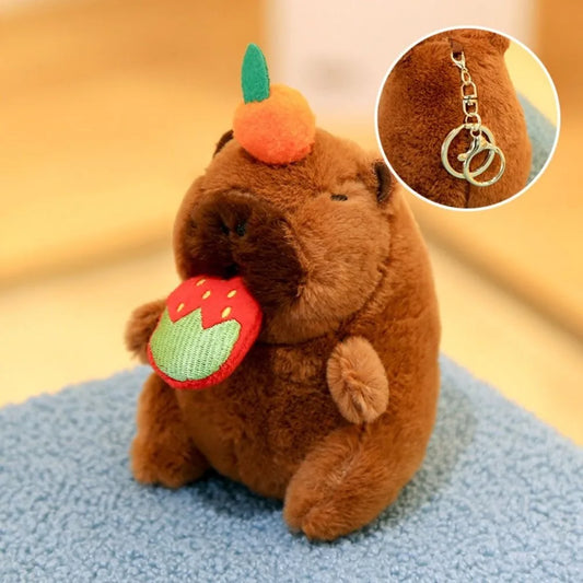 Cute Capybara Plush Keychain with Strawberry & Orange - Mini Stuffed Animal Toy